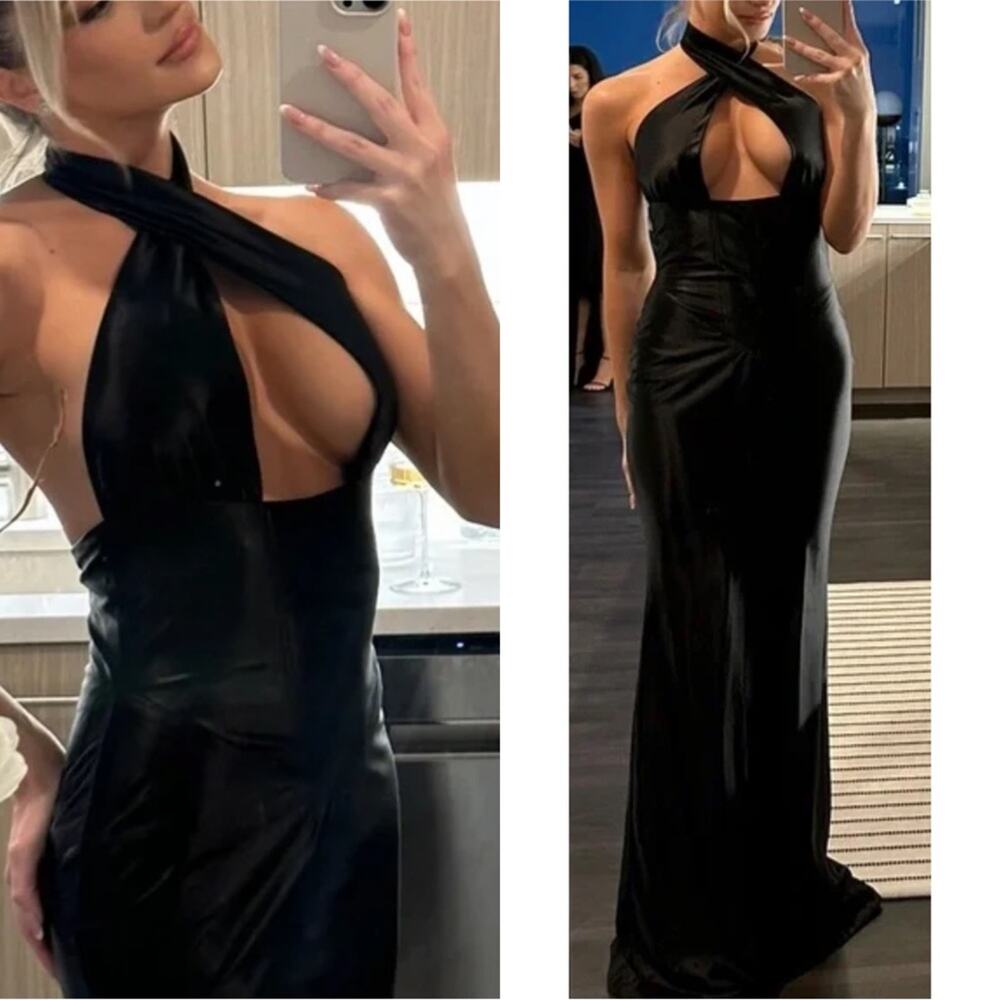 Retrofete Charity Halter Neck Bodycon Black Maxi Gown Size Large - Picture 4 of 15